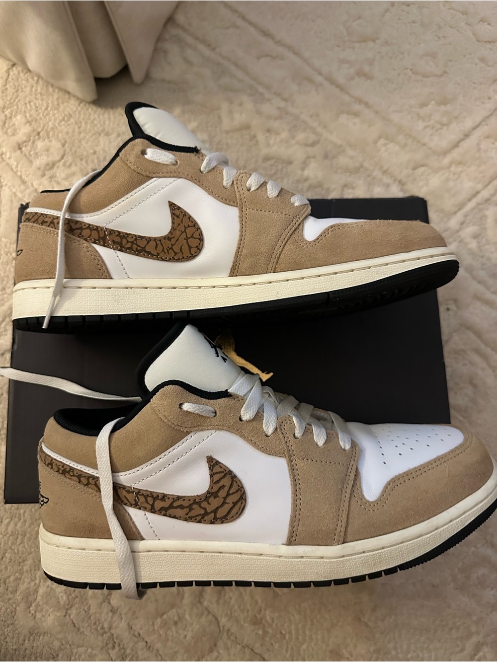 Jordan Low-Top Sneakers in White and Tan with Elephant Print Swoosh - Picture 4 of 8